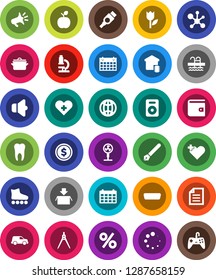 White Solid Icon Set- pan vector, pen, drawing compass, apple fruit, microscope, document, molecule, dollar coin, wallet, calendar, roller Skates, pool, car, tulip, speaker, hdmi, heart cross, tooth