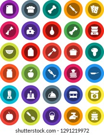 White Solid Icon Set- pan vector, camping cauldron, oil, colander, cook hat, skimmer, meat hammer, cutting board, double boiler, cookbook, spices, blender, dish, jar, mushroom, apple fruit, diet