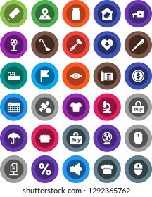 White Solid Icon Set- pan vector, cook hat, ladle, meat hammer, jar, pencil, pen, flag, dollar coin, t shirt, calendar, heart cross, map pin, satellite, umbrella, speaker, eye, microscope, cottage