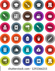 White Solid Icon Set- pan vector, cook hat, apron, glove, timer, whisk, spatula, knife, grater, oven, double boiler, cookbook, sieve, dish, mixer, multi cooker, toaster