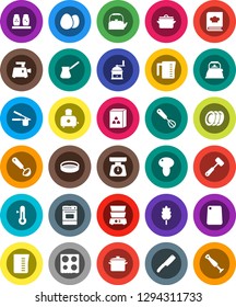 White Solid Icon Set- pan vector, kettle, measuring cup, scales, cook press, whisk, ladle, knife, meat hammer, cutting board, hand mill, turk coffee, toaster, oven, double boiler, cookbook, spices