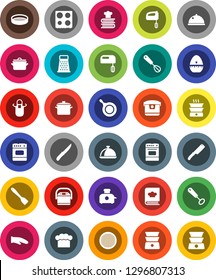 White Solid Icon Set- pan vector, cook hat, apron, glove, timer, whisk, spatula, knife, grater, oven, double boiler, cookbook, sieve, dish, mixer, multi cooker, toaster