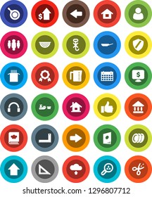 White Solid Icon Set- pan vector, colander, measuring cup, cookbook, plates, pasta, corner ruler, medal, university, dollar growth, man, arrow up, monitor, calendar, port, no hook, headphones, house