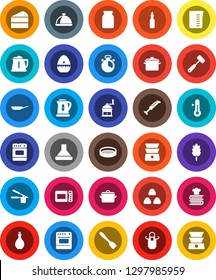 White Solid Icon Set- pan vector, kettle, oil, measuring cup, apron, cook timer, press, spatula, meat hammer, hand mill, double boiler, cookbook, thermometer, sieve, dish, jar, cereal, cake, hood