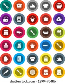 White Solid Icon Set- pan vector, cook hat, apron, glove, whisk, spatula, knife, grater, oven, double boiler, cookbook, sieve, dish, mixer, multi cooker, toaster