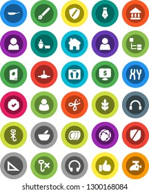 White Solid Icon Set- pan vector, plates, pen, corner ruler, university, monitor dollar, scales, cereals, port, no hook, protected, headphones, finger up, mortar, chromosomes, connect, connection