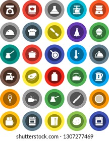 White Solid Icon Set- pan vector, kettle, measuring cup, scales, cook hat, towel, press, spatula, knife, turk coffee, toaster, oven, double boiler, cookbook, thermometer, bbq, sieve, dish, jar, hood