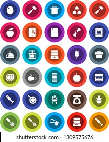White Solid Icon Set- pan vector, scales, cook hat, press, skimmer, meat hammer, cutting board, double boiler, blender, bbq, plates, dish, cereal, egg, pasta, chicken leg, diet, cereals, broken bone