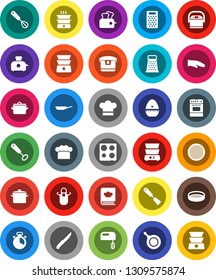 White Solid Icon Set- pan vector, cook hat, apron, glove, timer, whisk, spatula, knife, grater, oven, double boiler, cookbook, sieve, mixer, multi cooker, toaster