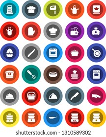 White Solid Icon Set- pan vector, cook hat, apron, glove, timer, whisk, knife, grater, double boiler, cookbook, sieve, dish, mixer, multi cooker, toaster, oven