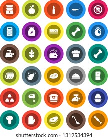 White Solid Icon Set- pan vector, cook hat, glove, timer, ladle, grater, mixer, double boiler, plates, dish, cereal, mushroom, steak, chicken leg, oil, apple fruit, cereals, breads, no fastfood