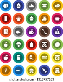 White Solid Icon Set- pan vector, scales, apron, cook timer, ladle, spices, blender, bbq, plates, dish, jar, egg, mushroom, potato, steak, chicken leg, apple fruit, diet, pills vial, breads, fridge