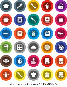 White Solid Icon Set- pan vector, cook hat, apron, glove, timer, whisk, spatula, knife, grater, oven, double boiler, cookbook, sieve, dish, mixer, multi cooker, toaster