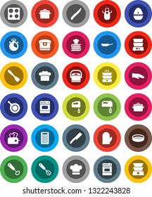 White Solid Icon Set- pan vector, cook hat, apron, glove, timer, whisk, spatula, knife, grater, oven, double boiler, cookbook, sieve, mixer, multi cooker, toaster