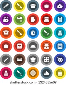 White Solid Icon Set- pan vector, cook hat, glove, timer, whisk, spatula, knife, grater, oven, double boiler, cookbook, sieve, dish, mixer, multi cooker, toaster