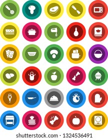 White Solid Icon Set- pan vector, camping cauldron, oil, colander, scales, apron, cook glove, timer, skimmer, spatula, mixer, toaster, cookbook, bbq, dish, mushroom, potato, steak, apple fruit, diet
