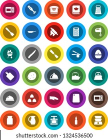 White Solid Icon Set- pan vector, kettle, cook glove, timer, press, spatula, knife, rolling pin, cutting board, grater, mixer, microwave oven, cookbook, blender, bbq, jug, dish, jar, cereal, potato