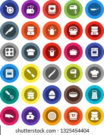 White Solid Icon Set- pan vector, cook hat, apron, glove, timer, whisk, spatula, knife, grater, oven, double boiler, cookbook, sieve, mixer, multi cooker, toaster