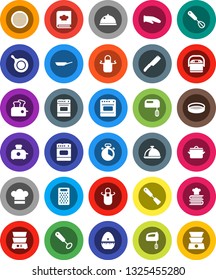 White Solid Icon Set- pan vector, cook hat, apron, glove, timer, whisk, spatula, knife, grater, oven, double boiler, cookbook, sieve, dish, mixer, multi cooker, toaster