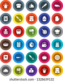 White Solid Icon Set- pan vector, cook hat, apron, glove, timer, whisk, spatula, knife, grater, oven, double boiler, cookbook, sieve, dish, mixer, multi cooker, toaster