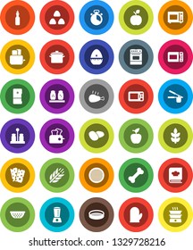 White Solid Icon Set- pan vector, colander, cook glove, timer, press, toaster, microwave oven, cookbook, spices, sieve, cereal, potato, chicken leg, oil, apple fruit, cereals, breads, bone, fridge