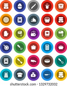 White Solid Icon Set- pan vector, cook hat, apron, glove, timer, whisk, spatula, knife, grater, oven, double boiler, cookbook, sieve, dish, mixer, multi cooker, toaster