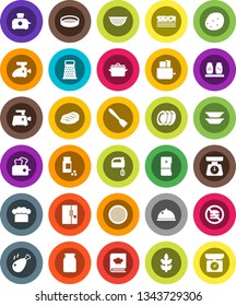 White Solid Icon Set- pan vector, colander, scales, cook hat, spatula, grater, mixer, toaster, cookbook, spices, plates, sieve, dish, jar, potato, steak, chicken leg, pills vial, cereals, breads