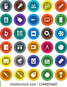 White Solid Icon Set- pan vector, spatula, cutting board, microwave oven, ruler, drawing compass, telescope, fitball, gymnast rings, oxygen, consolidated cargo, film spool, microphone, monitor, rca
