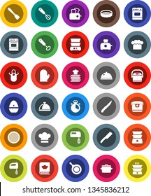 White Solid Icon Set- pan vector, cook hat, apron, glove, timer, whisk, spatula, knife, oven, double boiler, cookbook, sieve, dish, mixer, multi cooker, toaster