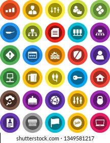 White Solid Icon Set- pan vector, measuring cup, document, personal information, flag, manager, hierarchy, sorting, protected, weight, settings, rca, pills, connection, server, notebook network, hub