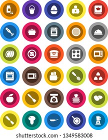 White Solid Icon Set- pan vector, camping cauldron, scales, cook timer, skimmer, spatula, toaster, microwave oven, cookbook, blender, plates, sieve, dish, cereal, mushroom, potato, diet, pills vial