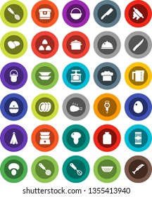 White Solid Icon Set- pan vector, camping cauldron, colander, measuring cup, scales, cook hat, towel, timer, press, whisk, skimmer, knife, rolling pin, double boiler, plates, dish, jar, cereal, egg