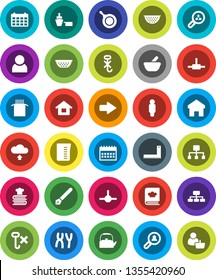 White Solid Icon Set- pan vector, kettle, colander, measuring cup, cookbook, pasta, pen, corner ruler, man, hierarchy, calendar, port, no hook, mortar, chromosomes, connect, home, arrow, user, house