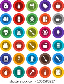 White Solid Icon Set- pan vector, oil, scales, apron, skimmer, spatula, ladle, meat hammer, cutting board, grater, mixer, toaster, blender, bbq, cereal, egg, pasta, mushroom, chicken leg, diet, oven