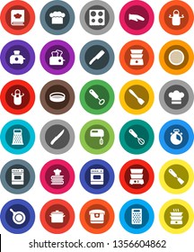 White Solid Icon Set- pan vector, cook hat, apron, glove, timer, whisk, spatula, knife, grater, oven, double boiler, cookbook, sieve, mixer, multi cooker, toaster