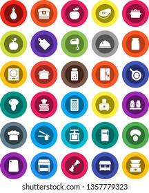 White Solid Icon Set- pan vector, oil, cook hat, press, cutting board, grater, mixer, toaster, cookbook, spices, dish, jar, mushroom, steak, apple fruit, diet, pills vial, broken bone, fridge