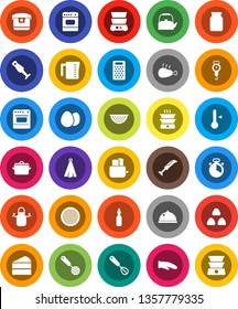 White Solid Icon Set- pan vector, kettle, colander, measuring cup, scales, apron, cook glove, towel, timer, whisk, skimmer, grater, toaster, double boiler, blender, thermometer, sieve, dish, jar