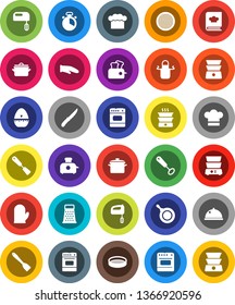 White Solid Icon Set- pan vector, cook hat, apron, glove, timer, whisk, spatula, knife, grater, oven, double boiler, cookbook, sieve, dish, mixer, toaster