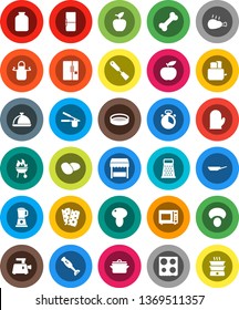 White Solid Icon Set- pan vector, apron, cook glove, timer, press, spatula, grater, toaster, microwave oven, blender, bbq, sieve, dish, jar, mushroom, potato, chicken leg, apple fruit, diet, breads