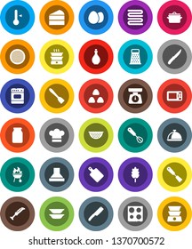 White Solid Icon Set- pan vector, oil, colander, scales, cook hat, towel, whisk, spatula, knife, cutting board, grater, oven, thermometer, bbq, plates, sieve, dish, jar, cereal, egg, cake, hood