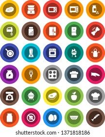 White Solid Icon Set- pan vector, colander, scales, cook hat, apron, glove, mixer, microwave oven, double boiler, bbq, jar, cereal, egg, steak, apple fruit, pills vial, no fastfood, broken bone