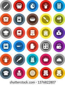 White Solid Icon Set- pan vector, cook hat, apron, glove, timer, spatula, knife, grater, oven, double boiler, cookbook, sieve, dish, mixer, multi cooker, toaster