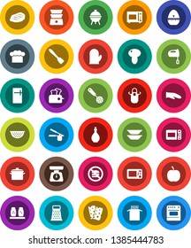 White Solid Icon Set- pan vector, oil, colander, scales, cook hat, apron, glove, timer, press, skimmer, spatula, grater, mixer, microwave oven, double boiler, spices, bbq, plates, pasta, mushroom