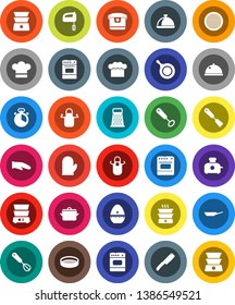 White Solid Icon Set- pan vector, cook hat, apron, glove, timer, whisk, spatula, knife, grater, oven, double boiler, sieve, dish, mixer, multi cooker, toaster