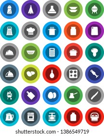 White Solid Icon Set- pan vector, kettle, oil, colander, cook hat, towel, press, knife, cutting board, hand mill, grater, turk coffee, oven, blender, bbq, plates, dish, jar, egg, pasta, mushroom