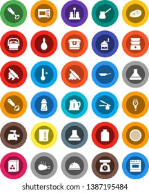 White Solid Icon Set- pan vector, kettle, oil, measuring cup, scales, cook press, whisk, ladle, rolling pin, hand mill, turk coffee, microwave oven, double boiler, spices, thermometer, sieve, dish