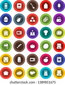 White Solid Icon Set- pan vector, cook timer, ladle, grater, mixer, microwave oven, double boiler, cookbook, spices, plates, jar, cereal, pasta, mushroom, potato, steak, chicken leg, diet, cereals