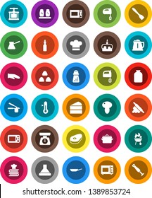 White Solid Icon Set- pan vector, kettle, scales, cook hat, glove, press, spatula, rolling pin, hand mill, turk coffee, mixer, microwave oven, cookbook, spices, thermometer, bbq, jar, cereal, steak