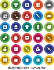 White Solid Icon Set- pan vector, cook glove, timer, press, spatula, ladle, oven, cookbook, blender, dish, cereal, pasta, mushroom, potato, steak, apple fruit, cereals, bone, fridge, toaster