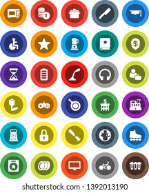 White Solid Icon Set- pan vector, spatula, knife, grater, microwave oven, plates, graduate hat, world, coin stack, bank building, bike, roller Skates, tulip, headphones, monitor, favorites, battery